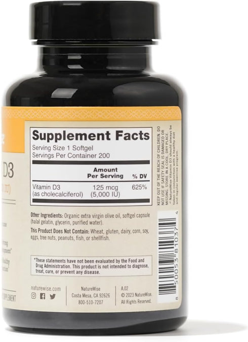 NatureWise Vitamin D3 5000iu (125 mcg) Healthy Muscle Function, and Immune Support, Non-GMO, Gluten Free in Cold-Pressed Olive Oil, Packaging Vary...