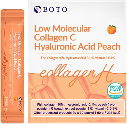 BOTO Low Collagen C - Korean Beauty Collagen Peptides Powder Supplement with Hyaluronic Acid and Vitamin for Skin Hair Nail Joint, Peach Flavored ...