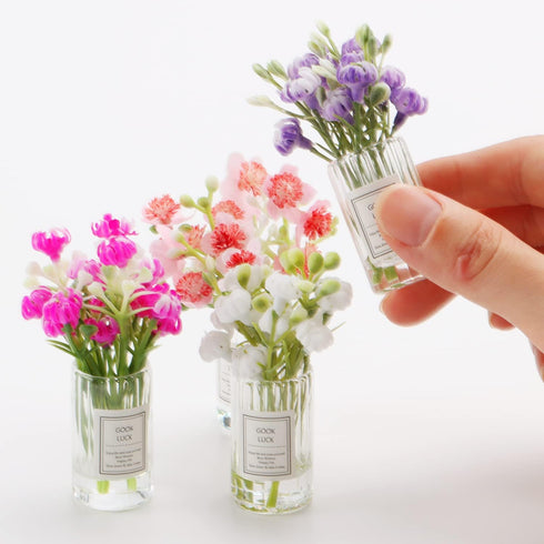 Miniature Flowers with Vase Dollhouse Glass Vase 1:6 Scale Mini Flower in Vase,Flower in Tall Glass Vase(Set of 4)...