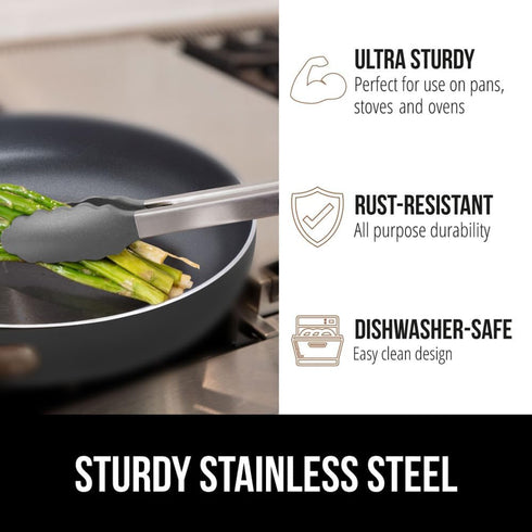 GORILLA GRIP Stainless Steel Heat Resistant Kitchen Tongs for Cooking, 9 + 12 Inch, Set of 2 BBQ Tong, Non Scratch Silicone Tip for Pan, Strong Gr...
