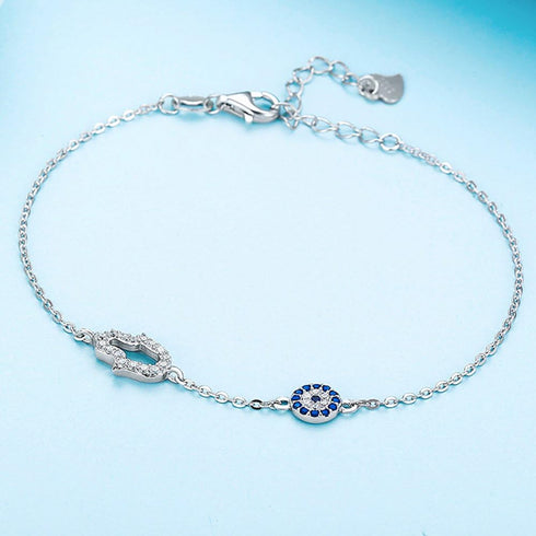 Blue Evil Eye Hamsa Hand Bracelet in Sterling Silver 925 with Cubic Zirconia CZ and 7"+1.5" Cable Chain...