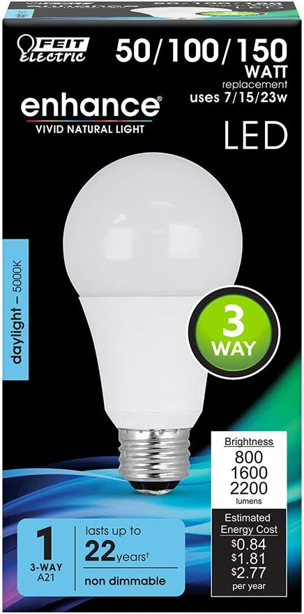 Feit Electric 150W LED Light Bulb, Adjustable Wattage 50/100/150 Equivalent, A21 LED Bulb, Non Dimmable, 22 Year Life, 2200 Lumen, 5000k Daylight,...