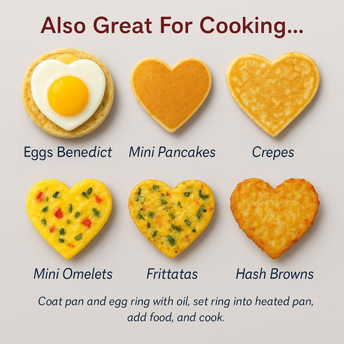 HIC Non-Stick Fried and Poached Egg and Pancake Cooking Rings, Heart Shaped, Nonstick, PFOA and BPA Free, 4.625-Inches x 4.25-Inches, Set of 2...