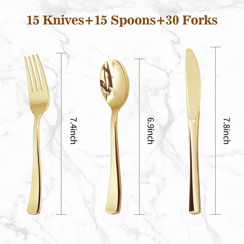 60PCS Gold Plastic Silverware, Gold Disposable Utensils, Heavy Duty Cutlery Set of 30 Gold Forks, 15 Gold Spoons, 15 Gold Knives for Parties, Wedd...