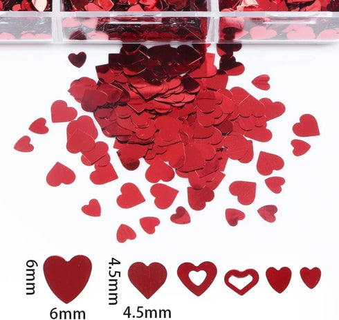 6 Grids Heart Nail Sequins 3D Holographic Nail Glitter Flakes Acrylic Nail Art Supplies Red Love Hearts Shaped Nail Glitter Sequins Valentine's Da...