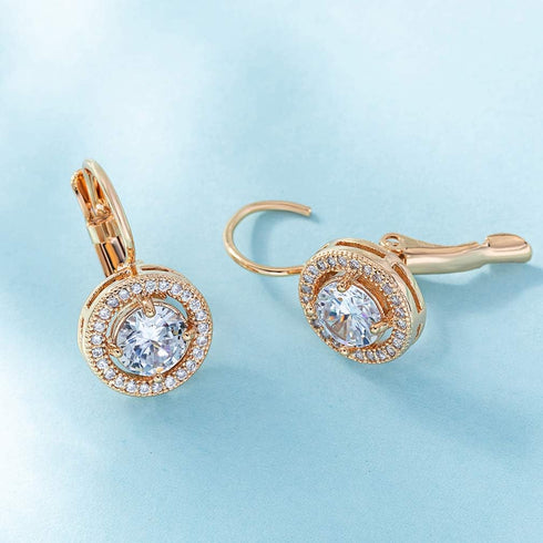 Austrian Crystal Halo Round Drop Leverback Earrings for Women 14K Rose Gold Plated Hypoallergenic Jewelry...