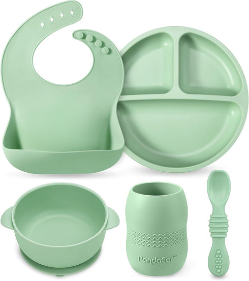 PandaEar Silicone Baby Feeding Set 6-12 Months| Baby LED Weaning Supplies| Infant Toddler Feeding Set| Silicone Baby Bib + Baby Plate with Suction...