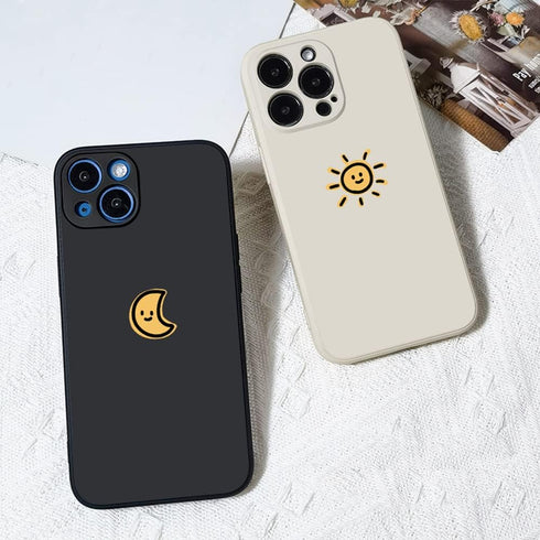 Casechics Compatible with iPhone Case,Silicone Cute Couple Matching Cartoon Sun Moon Camera Lens Protection Soft Shockproof Cover Phone Case (Whit...