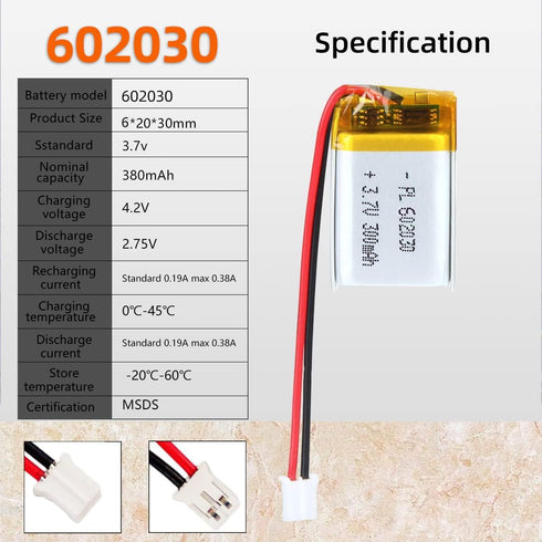 3.7V 300mAh 602030 Lipo Battery Rechargeable 602030 Lithium Polymer ion Battery Pack with JST Connector...