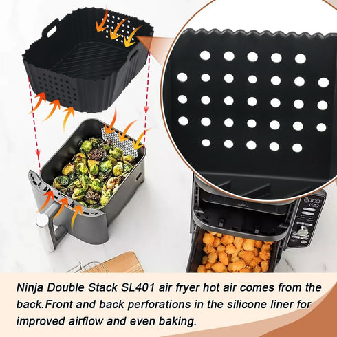 BYKITCHEN Air Fryer Silicone Liners for Ninja SL401 Double Stack 2 Basket Air Fryer, Reusable Rectangle Perforated Silicone Liners for Dual Air Fr...