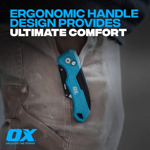 OX Tools Pro Heavy Duty Fixed Blade Folding Knife w/Easy Change Blade Button - Quick Fold Action & Strong Lightweight Construction | Includes 3 Re...