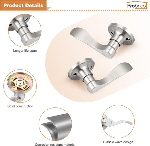 Probrico Wave Style Handle Dummy Leverset Left/Right Hand Door Knobs, Satin Nickel Finish...