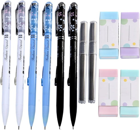 Clear Flower Top Style 0.7mm Mechanical Pencils Set, 6pcs Mechanical Pencils and 80pcs 0.7mm Refill and 4pcs Eraser for School Writing, Drafting G...