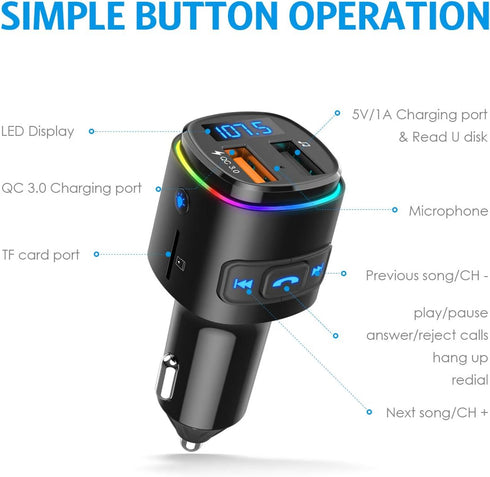 Upgraded Criacr V5.0 Bluetooth FM Transmitter for Car, QC3.0 Charge & 7 RGB Color LED Backlit Wireless FM Radio Car Adapter, Support Siri Google A...