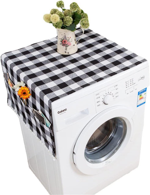 Ammsochy Washing Machine Cover Dust Oil Proof Dryer Top Loader Cloth with Side Storage Pockets Cotton Linen Kitchen Refrigerator Appliance Protector (Black-White grids)