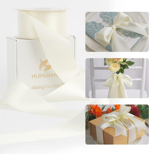 HUIHUANG White Ribbon 2 inch Wide Antique White Double-Faced Satin Ribbon for Flower Arrangements Supplies Wedding Bridal Shower Decor Invitations...