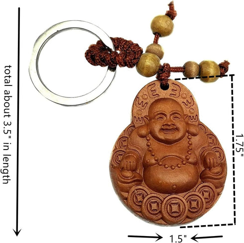 Betterdecor Feng Shui Peach Wood Money Happy Laughing Buddha Key Ring Amulet for Wealth Luck...