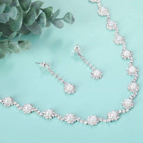 Wedding Brides Necklace Earrings Set Sliver Pearl Necklaces Bride Rhinestones Jewelry Set Crystal Choker Necklace Bridal Accessories for women...
