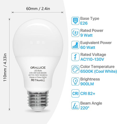 ORALUCE A19 LED Light Bulb, 60 Watt Equivalent, E26 Base LED Bulb 6500K Cool White, 9W Lightbulbs Non Dimmable, 900 Lumens, for Bedroom, Living Ro...