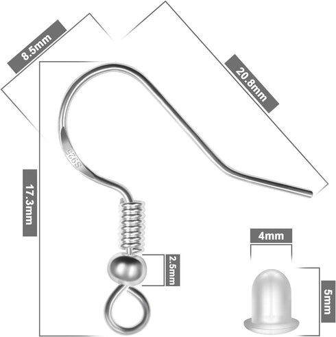 925 Sterling Silver Earring Hooks 120 PCS/60 Pairs, Ear Wires Fish Hooks, Hypo-allergenic Jewelry Findings Parts with 120 PCS Clear Silicone Earri...