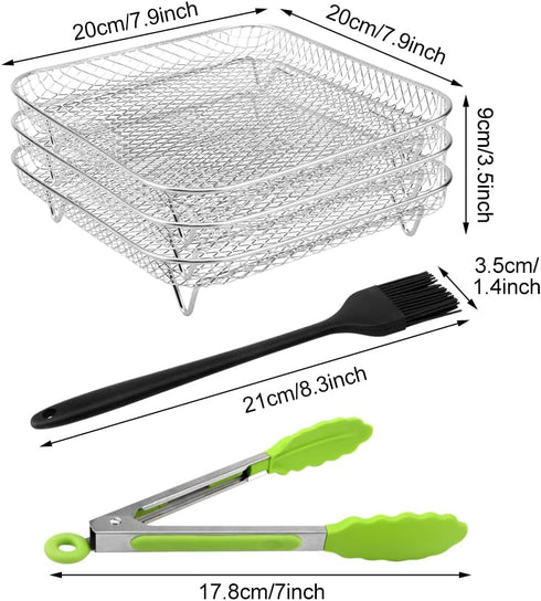 8" Air Fryer Rack for Air Fryer, Stainless Steel Three-Layer Air Flow Rack with Rus-tproof Oil Brush Food Clip,Air Fryer Accessories Fit all 5.8QT...