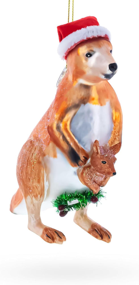 Santa Kangaroo Mom Carrying Baby in Pouch Blown Glass Christmas Ornament...