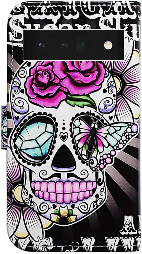 Case for Pixel 6 Pro, Purple Flower Sugar Skull Leather Flip Phone Case Wallet Cover with Card Slot Holder Kickstand for Google Pixel 6 Pro...