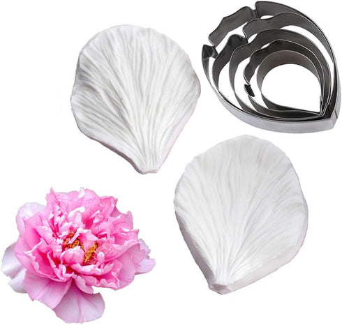 KALAIEN 5pcs Stainless Steel Peony Cutter 2pcs Fondant Silicone Mold Gumpaste Peony Sugarcraft Flower Veining Mold Veiner Petal Making Tool...