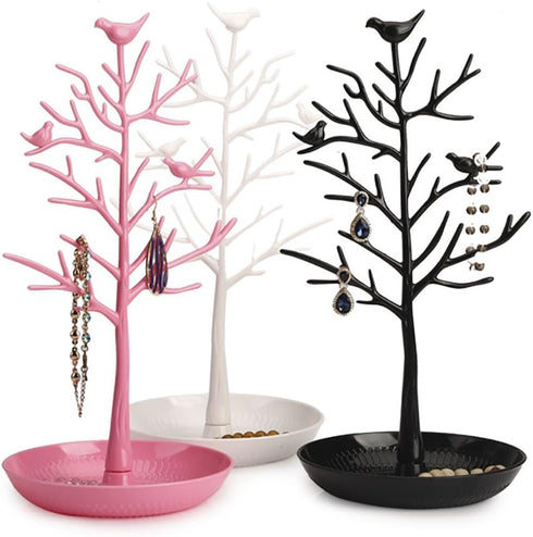 ChezAbbey Jewelry Stand Necklace Tree - Earring Organizer Holder Plastic Birds Tree Display with Tray Antique Bracelet Rings Rack Tower Decoration...