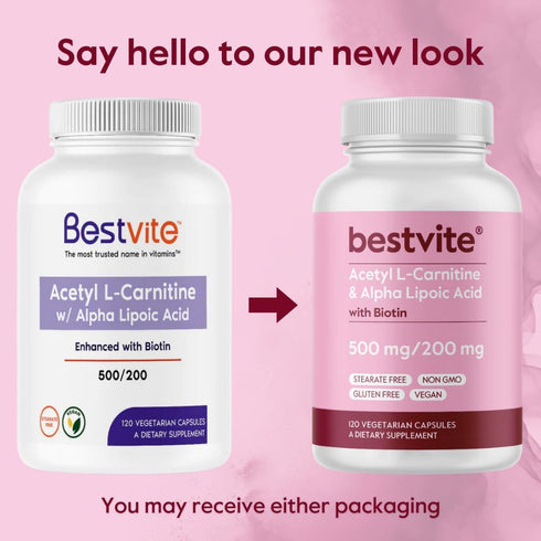 BESTVITE Acetyl L-Carnitine 500mg & Alpha Lipoic Acid 200mg per Capsule with Biotin (120 Vegetarian Capsules) - No Stearates - Vegan - Non GMO - G...