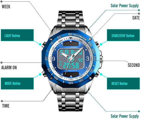 VIGOROSO Men's Solar Powered Quartz Stainless Steel Analog Digital Wrist Watch for Men...