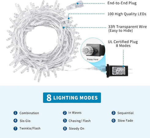 Christmas String Lights, 33FT 100 LEDs Christmas Tree Lights Indoor String Lights 8 Modes with End-to-End Plug Fairy Lights Decoration for Indoor ...