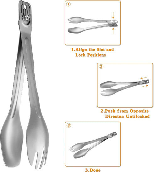 5-in-1 Camping Utensils Detachable Cutlery Portable Silverware Stainless Steel Flatware Multitool Set Tongs Spork Spoon Knife for Backpacking Hiki...