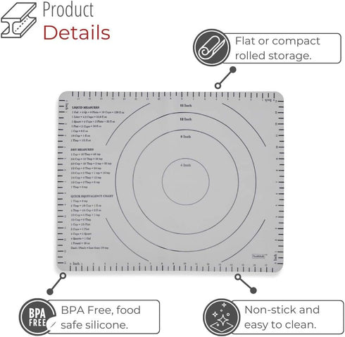 Silicone Rolling Mat - Premium Kitchen Pastry Mat for Rolling and Baking Prep - Great for Making Dough, Pastries, Pizza and Pie...