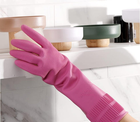 (2 Pairs Reusable Waterproof Household Dishwashing Non-Slip Cleaning Latex Rubber Kitchen Gloves (Pink, XX-Large)...