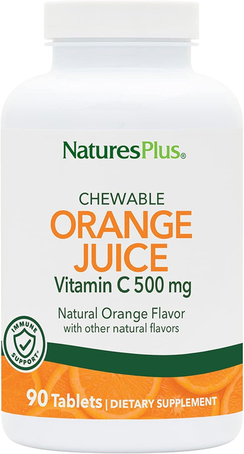 Natures Plus Orange Juice Chewable Vitamin C - 500 mg, 90 Tablets - High Potency Immune & Vascular Health Support Supplement, Antioxidant - Gentle...