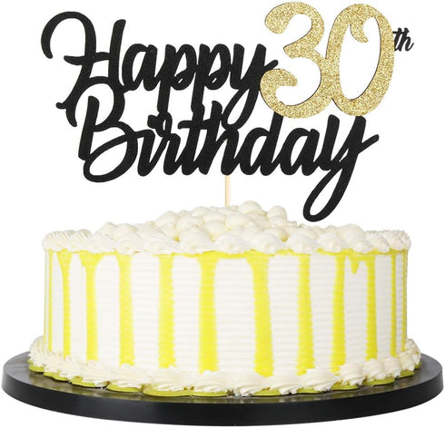 PALASASA Black Gold Glitter Happy Birthday cake topper - 30 Anniversary/Birthday Cake Topper Party Decoration (30th)...