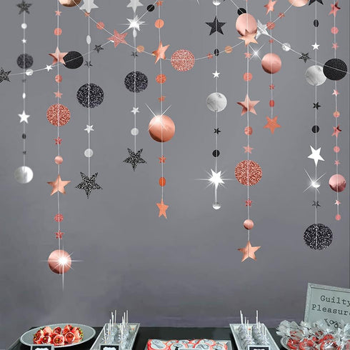 Decor365 Black Glitter Rose Gold Circle Garlands Twinkle Little Star Party Decoration Hanging Banner Backdrop Decor Wedding Birthday Bday Prom Ann...