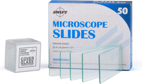 SWIFT Microscope Slides Kit with 50 Pre-Cleaned Blank Slides and 100 Glass Coverslips for Monocular Binocular Trinocular Microscopes...