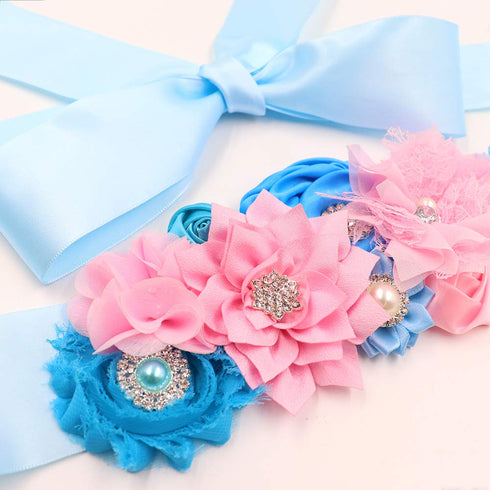 Gender Reveal Maternity Sash - Baby Reveal Pregnancy Sash Keepsake Baby Shower Flower Belly Belt (Pink & Blue)...