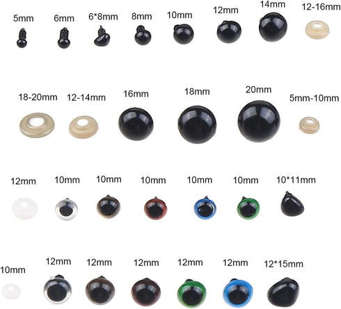 370 PCS 5mm-20mm Solid Black Eyes with Washers, Colorful Craft Plastic Safety Eyes Sewing for DIY of Puppet Plush Animal Making and Teddy Bear...