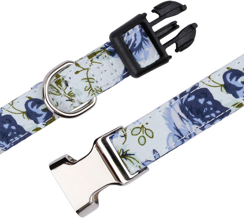 Girl Dog Collar for Small Medium Large Dogs, Cotton Pet Collar, Flowers Daisy and Rose Patterns with Quick-Release Buckle (Rose Blue, M)...