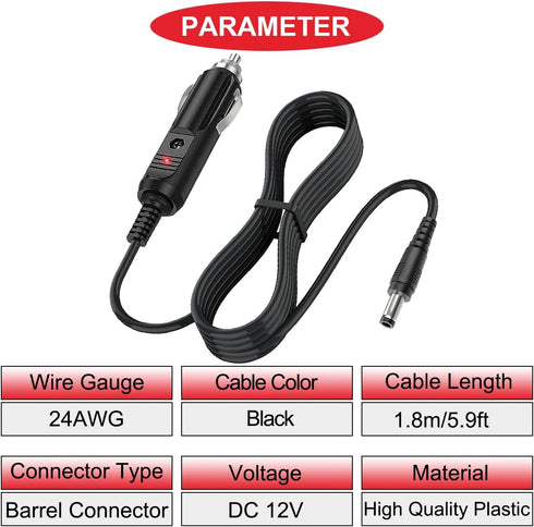 3Pcs 12V Car Adapter Compatible Car Charger with 10A fuse,5.9FT 24AWG Extension Cable,connectors for Snailax Back Massage Cushion,Sylvania,RCA DVD...