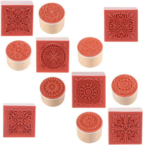 12 Pcs Wooden Stamps Floral Pattern Rubber Stamp Circles and Squares Decorative Rubber Wooden Stamps for DIY Craft Card and Scrapbooking...