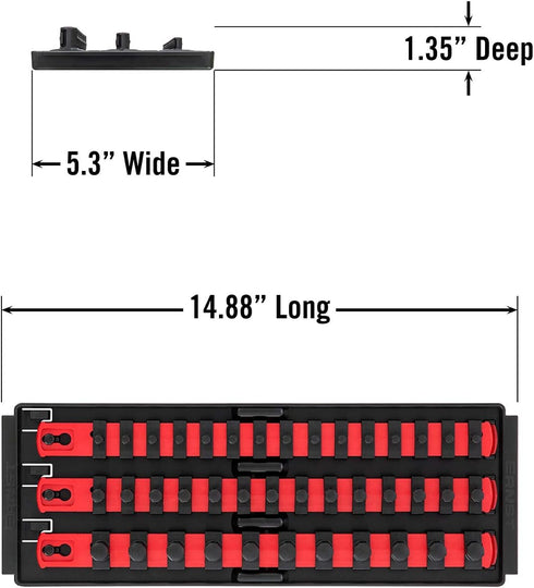 Ernst Manufacturing 8490 Socket Boss: 3-Rail Socket Organizer Tool Tray with 40 Clips (1/4", 3/8", 1/2") - Red, 13-Inch Rails for Toolbox Storage ...