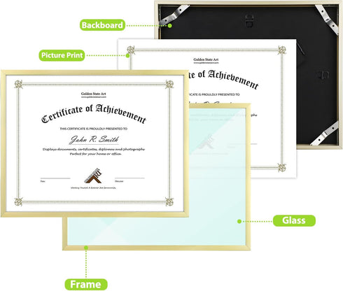 Golden State Art, 8.5x11 Picture Frame Certificate Document Frames with High Definition Real Glass, Wall & Tabletop Degree Frame for 8.5 x 11 Dipl...