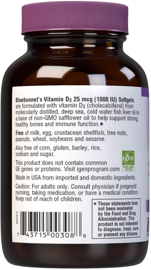 Bluebonnet Nutrition Vitamin D3 1000 IU Softgels, Aids in Muscle and Skeletal Growth, Cholecalciferol from Fish Oil, Non GMO, Gluten Free, Soy Fre...