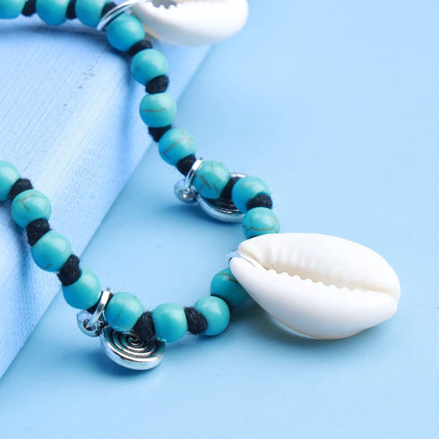 Boho Turquoise Bead Ankle Bracelet Silver Coin Pendant Anklet Bracelet Vintage Cowrie Chain Anklet Turquoise Braided Rope Anklet Foot Chain Jewelr...