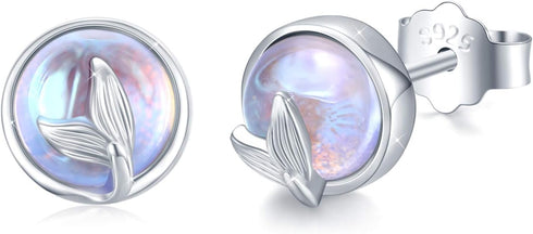 Mermaid Tail Moonstone Stud Earrings Jewelry Gifts 925 Sterling Silver Ocean Sea Whale’s Tail Earrings Moonstone Fishtail Stud Earrings for Women...