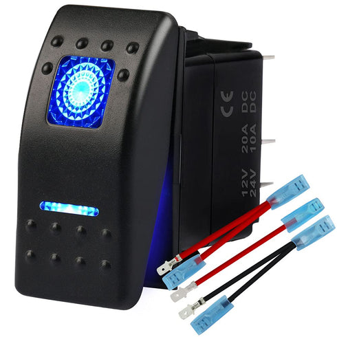 Waterproof Marine Boat Rocker Switch Toggle 12V 24V, 5 Pin SPST ON-Off Switch 12V/20A 24V/10A Blue LED Light, with Jumper Wires Set for Car Marine...